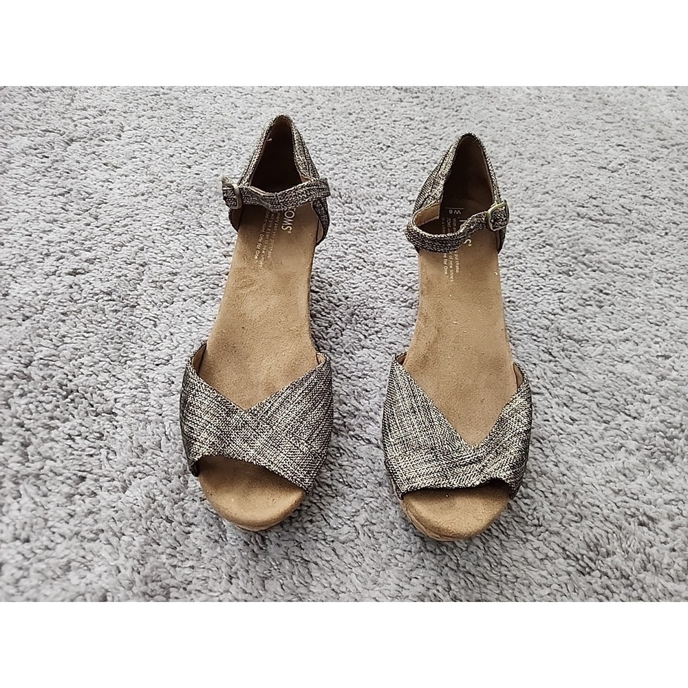 TOMS Wedge Sandals Womens 8 Bronze Metallic Cork Heel Strappy Open Toe